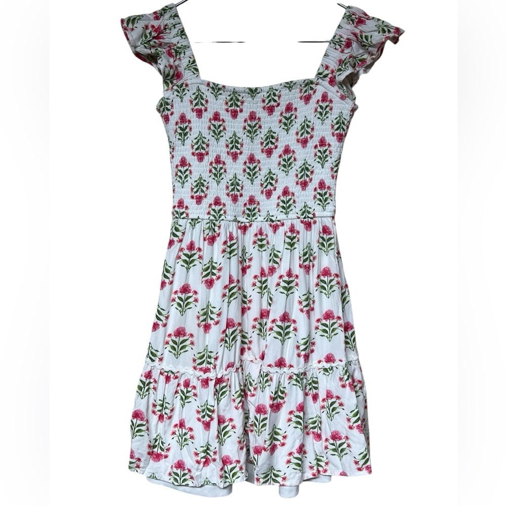 Rare Editions pink green white floral smocked tiered ruffle sleeve midi dress